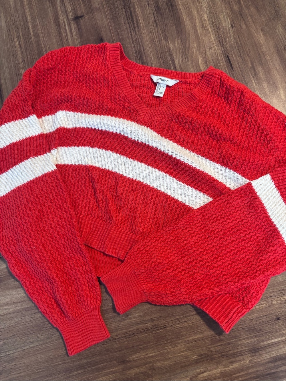 Forever 21 Red V-Neck Sweater with White Stripes